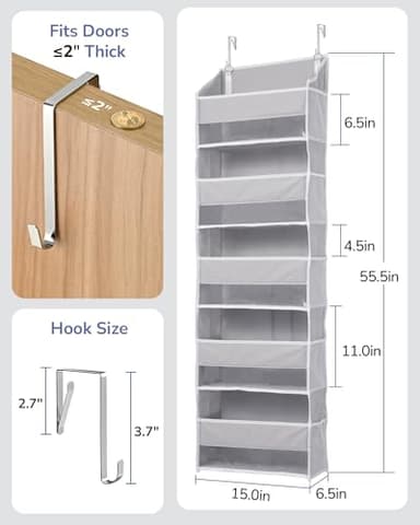 ULG 1 Pack Over Door Organizer with 5 Large Pockets 10 Mesh Side Pockets, 44 lbs Weight Capacity Hanging Storage Organizer with Clear Window for Kids Toys, Shoes, Diapers, Grey, 5 Layer - Image 5
