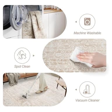 Soalmost 8x10 Area Rugs for Living Room, Stain Resistant Washable Rugs for Dining Room, Kitchen, Floral Vintage Non-Slip Thin Large Beige Rug - Image 4