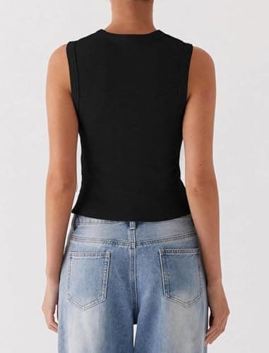 Matunana Womens Going Out Tops Summer Ribbed Tank Sexy Crop Cute Y2K Button Down Sleeveless T Shirts Casual Basic Tee Trendy Fashion Outfits Spring Clothes 2025 Black - Image 4