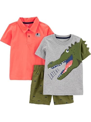 Simple Joys by Carter's Baby Boys' 3-Piece Playwear Set, Coral Orange Elephant/Green Dinosaur/Grey Alligator, 3T - Image 1