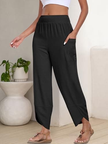ANRABESS Womens Wide Leg Palazzo Capri Pants 2025 Summer Casual Loose High Waisted Lounge Flowy Cropped Beach Work Trousers Black Large - Image 4