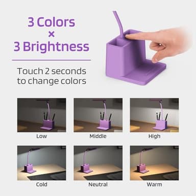 AXX Cute Purple Desk Lamp, Rechargeable Study Table Light for Home Office, Small, Battery Operated, LED, Flexible Gooseneck, Mini, Cordless, College Dorm Room Desktop Accessories for Teen Girls - Image 3