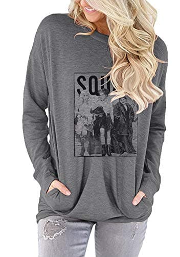 onlypuff Long Sleeve Shirt for Women Pocket T Shirt Graphic Sweatshirt Crew Neck Fall Fashion Top Grey M - Image 2