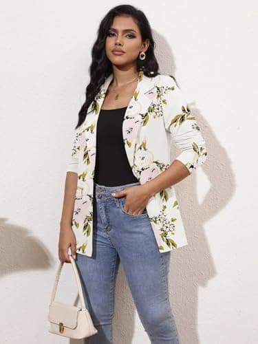 Genhoo Oversized Blazers for Women Floral Print Work Professional Jacket Blazers White 3XL - Image 2