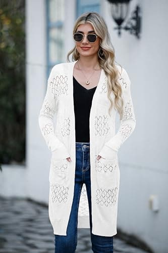 GRECERELLE Womens Lightweight Summer Long Cardigans Long Sleeve Casual Crochet Open-Front Sweater with Pockets, White, Large - Image 5