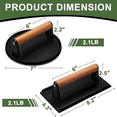 Burger Press, 7" Round & 8.2"X4.3" Rectangle Heavy-Duty Cast Iron Smash Bacon Press Meat Steak With Wood Handle for Griddle, Sandwich, Nonstick Pan - Image 3