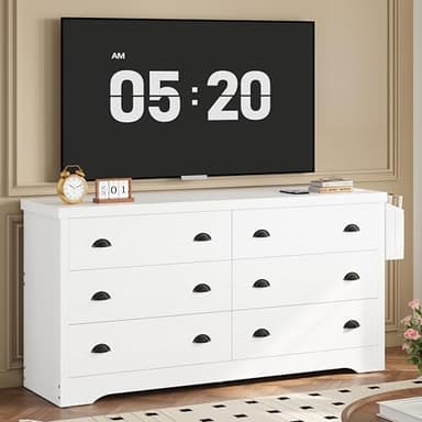LIKIMIO Dresser for Bedroom 6 Drawer with Charging Station, TV Stand Storage Chest of Drawers for Living Room Hallway Entryway, MDF Board, 59 Inches White - Image 1