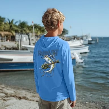 Palmyth Boys Fishing Shirt Youth Hoodie Sun Protection UPF 50+ Long Sleeve Hooded Shirts Carolina Guitar Marlin L - Image 5
