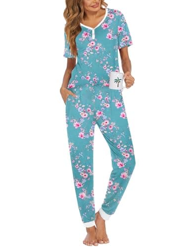 Ekouaer Pajamas for Women Set 2 Piece Lounge Set Short Sleeve Pjs Joggers Long Pants Sleepwear with Pockets - Image 1