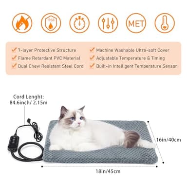 INVENHO Heated Cat Bed, Waterproof Adjustable Temperature Dog Cat Heating Pad with Timer, Indoor Pet Heating Pad for Cats Dogs Electric Pads for Dogs Cats, Pet Heated Pad (S: 18" x 16") - Image 5