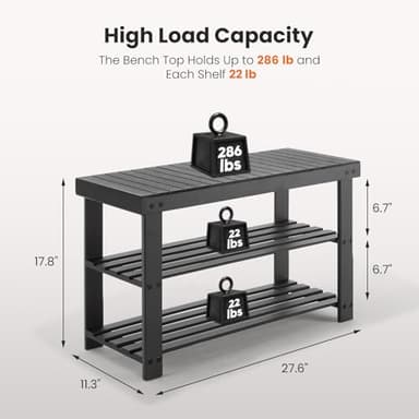 Sweetcrispy Shoe Rack Bench, 3-Tier Bamboo Entryway Storage Organizer, 286lb Capacity, Shoes Stand for FrontDoor Entrance, Bedroom, Living Room, Bathroom, Balcony, 11.3 x 27.6 x 17.8 Inches, Black - Image 3