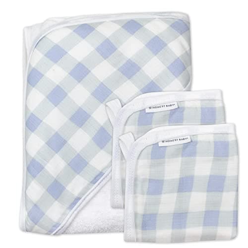 HonestBaby 3-Piece Organic Cotton Hooded Towel & Washcloth Set, Blue Painted Buffalo Check, One Size - Image 1