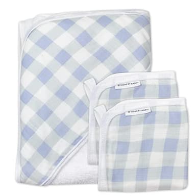 HonestBaby 3-Piece Organic Cotton Hooded Towel & Washcloth Set, Blue Painted Buffalo Check, One Size - Image 1