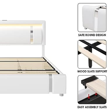 Keyluv King Size Bed Frame with RGB LED Lights & 2 Storage Drawers, Modern Upholstered Platform Bed with Iron Metal Decor, USB Charging Ports, White - Image 8