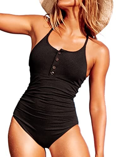 Ribbed One Piece Swimsuits for Women Button up Swimwear Tummy Control Retro Bathing Suits Black Large - Image 1
