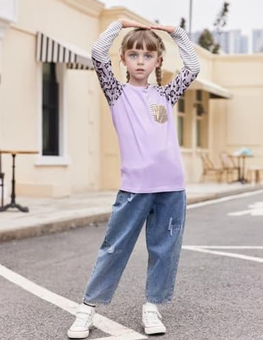 Arshiner Girls t Shirts with Pocket Design Color Block Cute Tops for Girls Purple Purple 10-12 Years - Image 4