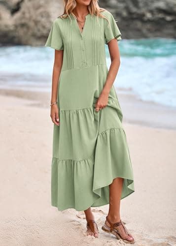 KIRUNDO Summer Maxi Dresses for Women 2025 Spring Fashion Short Sleeve Button V Neck Pleated Loose Tiered Swing Flowy Dress(Bean Green, X-Large) - Image 3