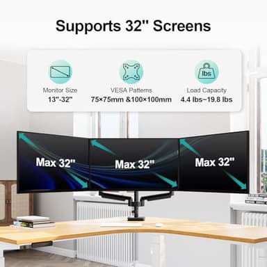 MOUNT PRO Triple Monitor Mount, 3 Monitor Desk Mount for Three Screens up to 32 Inch, Full Motion Gas Spring Heavy Duty Arm Hold up to 19.8lbs Each, Black - Image 7