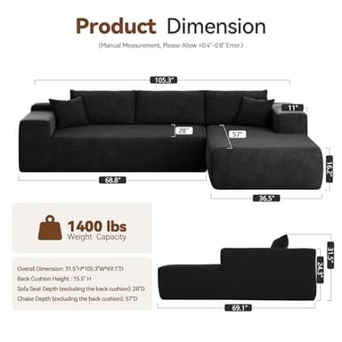 CAODOC 104" Cloud Sectional Couch with Comfy Chaise, Boneless L Shape Sofa with Deep Seat, Minimalist Modular Couches Sleeper for Living Room Bedroom Apartment Lounge,Black - Image 2