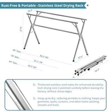 JAUREE 95 Inches Clothes Drying Rack, Drying Rack Clothing Folding Indoor Outdoor, Heavy Duty Stainless Steel Laundry Rack, Foldable Portable Large Clothes Rack Garment Rack with 20 Windproof Hooks - Image 6