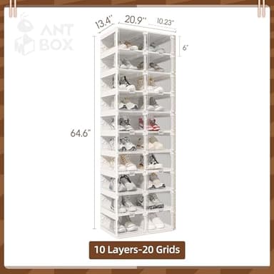 ANTBOX Foldable Shoe Rack,Shoe Organizers for Closet Plastic Shoe Storage Box Space Saving for Entryway, Large Sturdy Stackable Sneaker Cabinet Bins with Magnetic Clear Door 10 Tiers 20 Pairs - Image 3