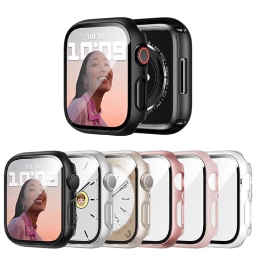 JERXUN 6 Pack Case with Tempered Glass Screen Protector for Apple Watch Series 9/8/7 41mm, Ultra-Thin Scratch Resistant Full Protective Hard PC Bumper Cover for iWatch 41mm Accessories - Image 1