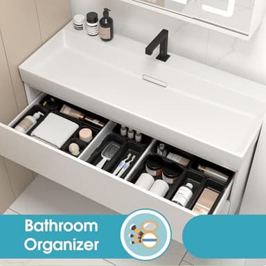 10 PCS Drawer Organizer Set, 4 Size Makeup Drawer Divider Organizer With Non-Slip Pads, Interlocking Plastic Storage Bins for Office,Jewelry Vanity,Gadgets, Bathroom,Kitchen, Black - Image 7