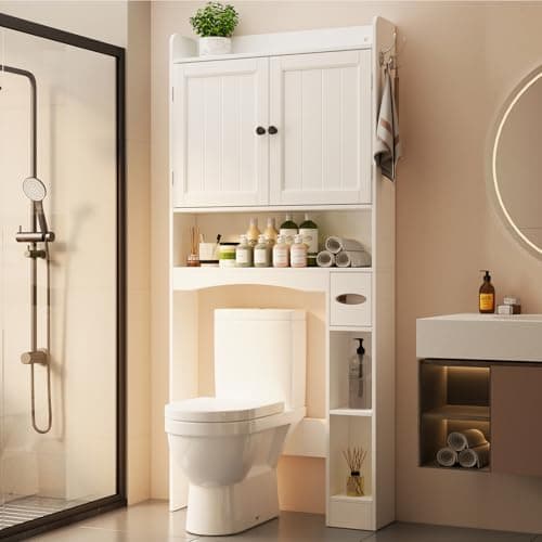 Ahomly Over The Toilet Storage Cabinet, 32.3" W Over Toilet Bathroom Organizer with Doors, Adjustable Shelves, Toilet Paper Holder, 2 Side Hooks, Space-Saver for Bathroom, Laundry, White - Image 1