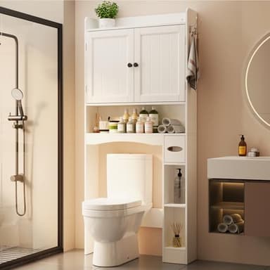 Ahomly Over The Toilet Storage Cabinet, 32.3" W Over Toilet Bathroom Organizer with Doors, Adjustable Shelves, Toilet Paper Holder, 2 Side Hooks, Space-Saver for Bathroom, Laundry, White - Image 1
