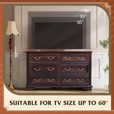 WLIVE Wood Dresser for Bedroom with 6 Drawer, 51.97'' Wide, Farmhouse Long Storage Dresser Organizer with Roman Metal Handle, TV Stand for 60 inch TV, Chest of Drawers for Living Room, Hallway, Brown - Image 5