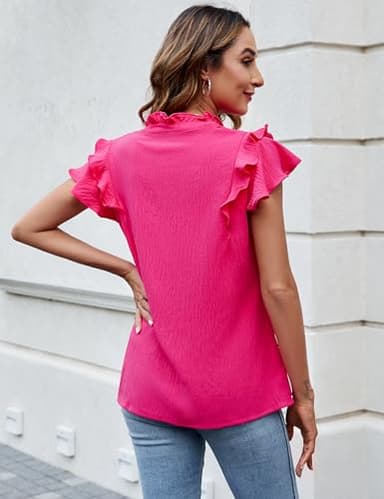 Blooming Jelly Womens Dressy Casual Tops Ruffle Short Sleeve V Neck Shirts Elegant Business Work Blouse(M, Hot Pink) - Image 3
