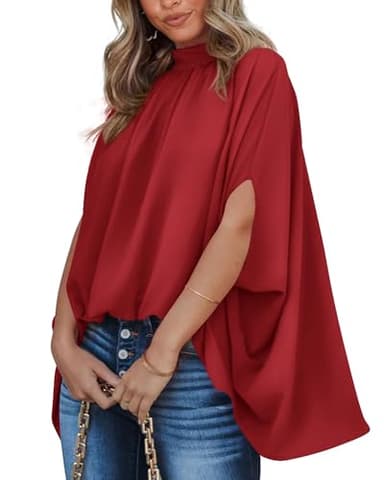 BTFBM Womens Summer Tops 2025 Fall Mock Neck Batwing Sleeve Shirts Loose High Low Hem Oversized Dressy Casual Blouses(Red, Medium) - Image 1