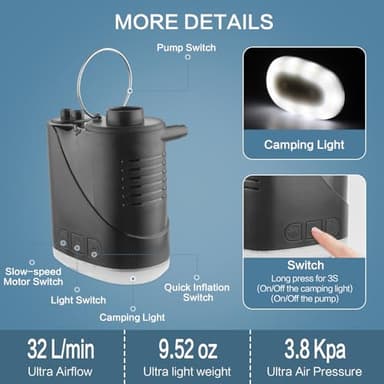 XINBAOHONG Mini Air Portable Camping Light Tiny Inflator/Deflator Pump with 2000mAh Battery USB Rechargeable for Pool Floats Air Bed Air Mattress Swimming Ring Vacuum Storage Bags - Image 6