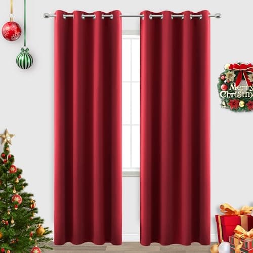 KOUFALL Christmas Curtains for Living Room,Black Out Curtain 96 Inches Long 2 Panel Set Red Blackout Decorative Window Treatments Thermal Curtains for Winter Insulated - Image 1