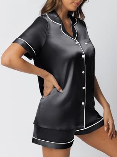 LILLUSORY Silk Satin Pajama Set for Women 2 Piece Lounge Pjs Shorts Matching Summer Sleepwear Button Down Shirt Shorts Black XXL - Image 3