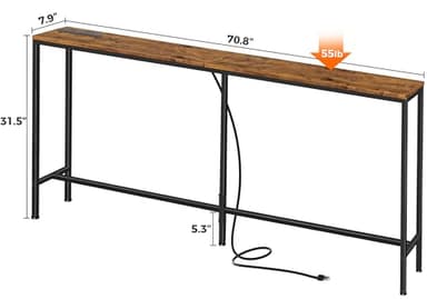 SUPERJARE 70 Inch Console Table with Outlet, Sofa Table with Charging Station, Narrow Entryway Table, Skinny Hallway Table, for Living Room, Rustic Brown - Image 3