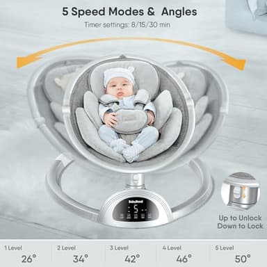 BabyBond Baby Swings for Infants, Bluetooth Infant Swing with Music Speaker, 3 Seat Positions, 5 Point Harness Belt, 5 Speeds and Remote Control - Portable Baby Swing for Indoor and Outdoor (Silver) - Image 3
