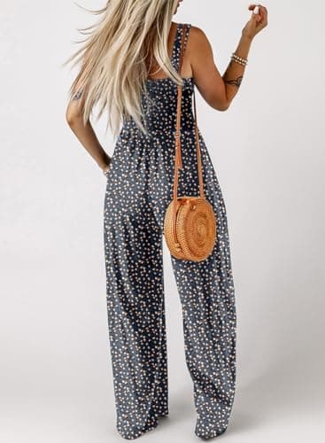 Dokotoo Womens Overalls Jumpsuits for Women Casual Loose Fit Solid Color Wide Leg One Piece Sleeveless Jumpsuit Printed Long Pant Rompers with Pocket Blue Medium - Image 3