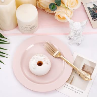 FLOWERCAT 100PCS Pink Plastic Plates - Heavy Duty Pink Party set Disposable serve for 50 guests -10 inch Dinner + 7 inch Dessert/Salad Plates for Easter,Birthday Party,Mother's Day - Image 6