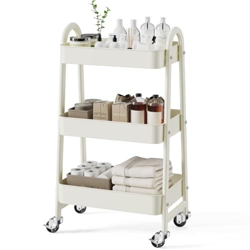SMUG 3 Tier Rolling Cart - Metal Utility Carts on Lockable Caster Wheels, Mobile Storage Shelves Organizer for Livingroom, Bathroom, Kitchen, Bedroom & Narrow Places, White - Image 1
