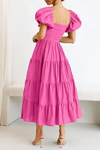PRETTYGARDEN Women's Casual Summer Midi Dress Puffy Short Sleeve Square Neck Smocked Tiered Ruffle Dresses (Rose Pink,Medium) - Image 6