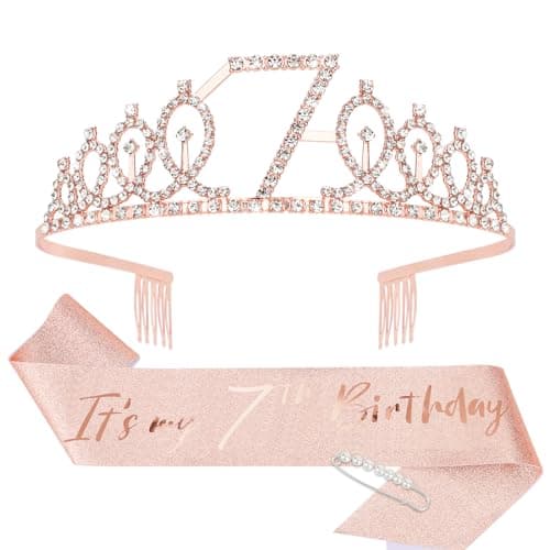 CIEHER 7th Birthday Crown + Sash + Pearl Pin Set, Girls' 7th Birthday Gifts and Happy Party Decorations - Image 1
