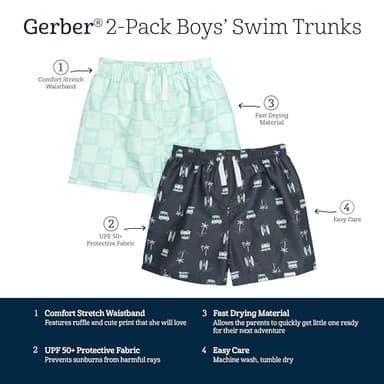 Gerber Boys' Standard Toddler 2-Pack Swim Trunks, Surf - Image 6