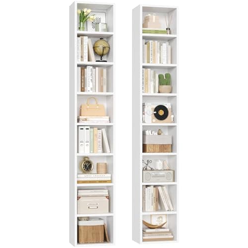FOTOSOK 2 Pcs 71'' Tall Narrow Bookshelf, 8-Tier Media Tower Rack Set of 2, CD DVD Storage Cabinet with Adjustable Shelves, Tall Narrow Bookcase Skinny Display Bookshelf Slim Shelf, White - Image 1
