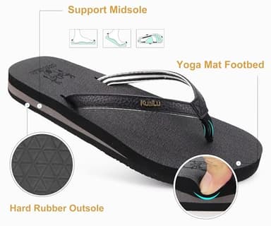 KuaiLu Womens Arch Support Flip Flops Comfortable Yoga Mat Slip on Leather Walking Thong Cushion Sandals Summer Beach Orthotic Slides Travel Essentials Indoor Outdoor Slippers Shoes Black Size 10 - Image 6