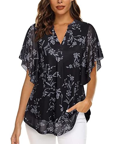 Timeson Blouses for Women Dressy Casual,Ruffles Sleeve Tunic Tops to Wear with Leggings Business Professional Attire Clothes Henley V Neck Women Dress Shirts Ladies Floral Office Tops Multi-Black XL - Image 2