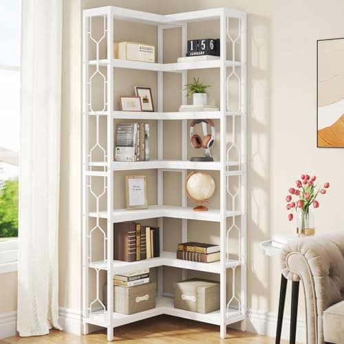 Tribesigns Corner Shelf, 7-Tier Industrial Corner Bookshelf, Wood and Metal Corner Etagere Bookcase, Freestanding Display Shelf for Living Room, Kitchen, Home Office, White - Image 1