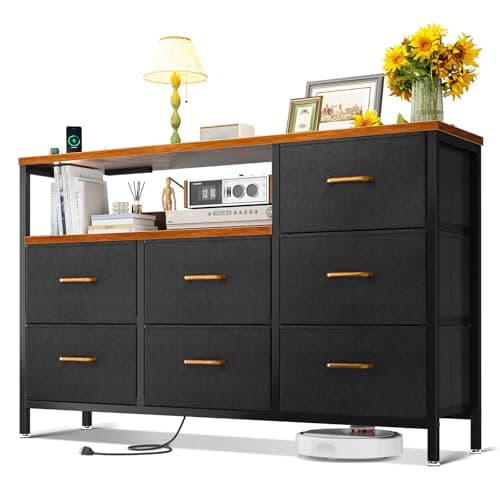 AODK Dresser with Charging Station, 52-Inch Long Dressers for Bedroom with 7 Large Fabric Drawers, Dresser TV Stand with Open Shelves for 55-Inch TV, Vintage - Image 1