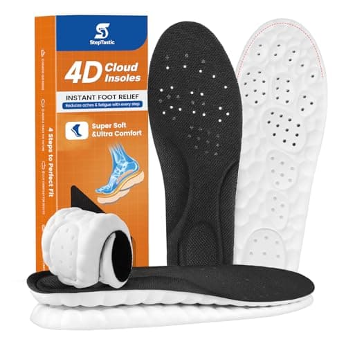 StepTastic Insoles for Men and Women, 4D Cloud Shoe Inserts for Pain Relief, Trimmable Memory Foam Insoles for Long Standing & Hiking, Cushioning Insoles to Enhance Comfort (Black, M 5-6.5/W 7-8.5)