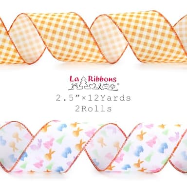 LaRibbons Easter Bunny Wired Ribbon 2 Rolls 2.5 Inch x 12 Yards TTL, Orange Easter Ribbon Plaid for Baskets Crafts Spring Wreath Gift Wrapping Bow Decoration - Image 5